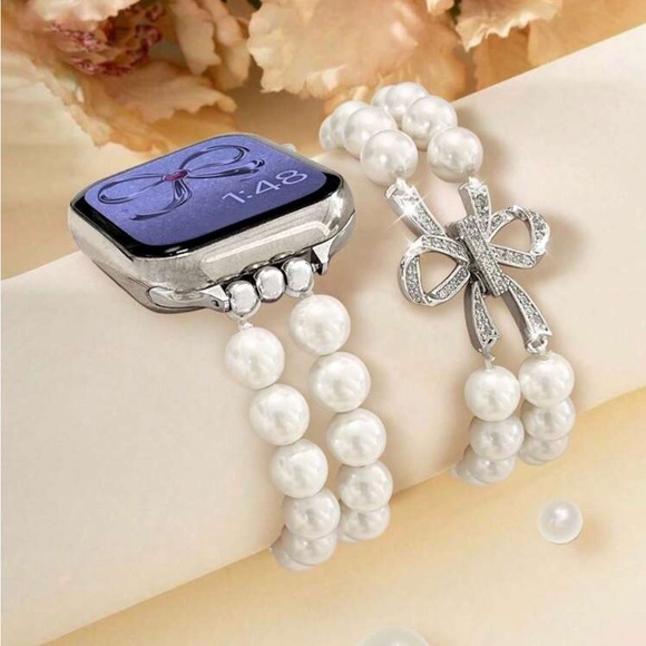 Luxury Faux Pearl with  Bow Charm Watch Band Bracelet - Picture 1 of 6